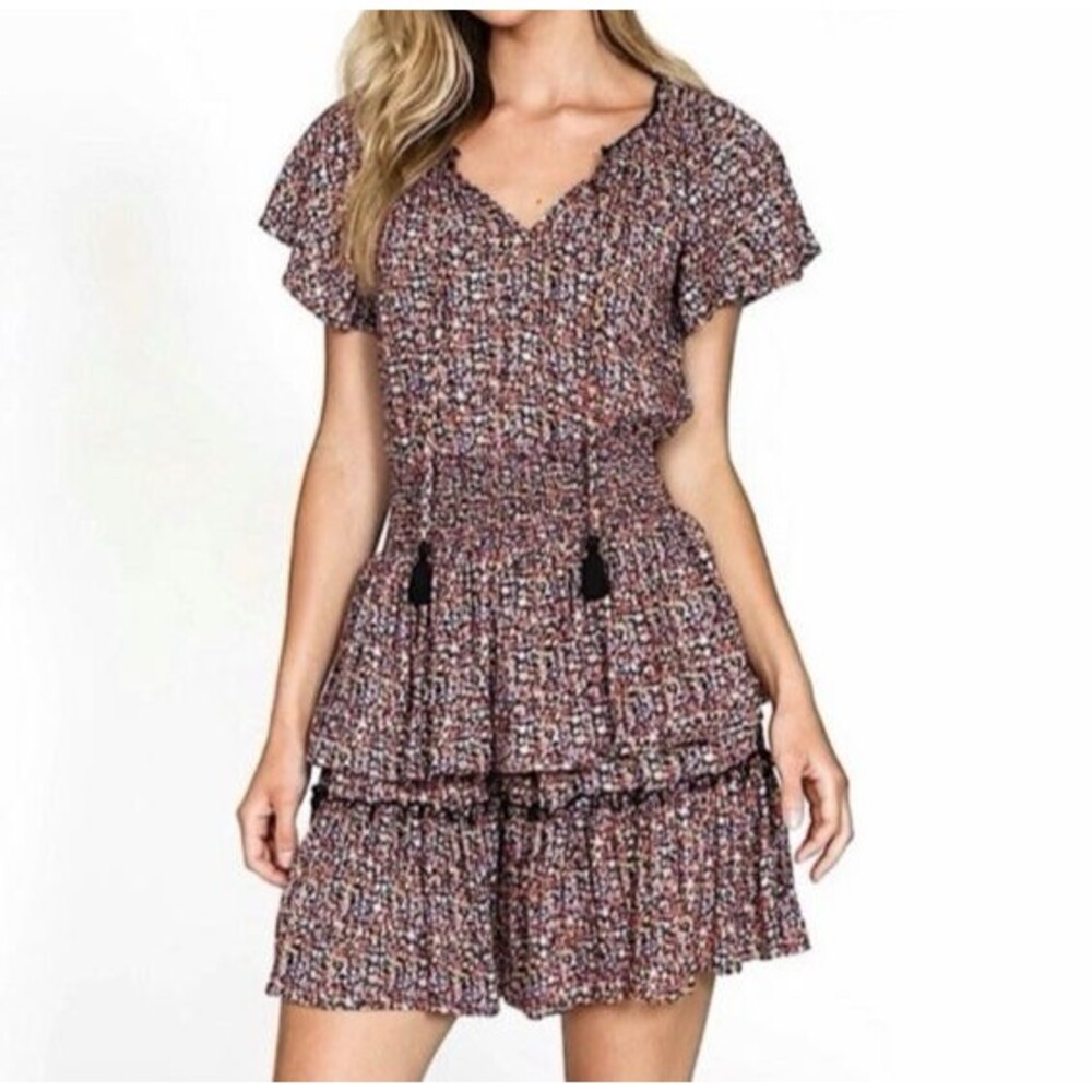 Patrons Of Peace Normandie Tiered Mini Dress Bohemian Floral Print Ruffled Sz L